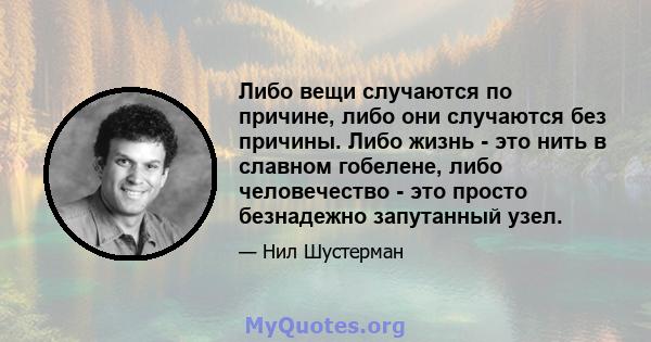 Либо вещи случаются по причине, либо они случаются без причины. Либо жизнь - это нить в славном гобелене, либо человечество - это просто безнадежно запутанный узел.