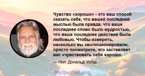 Чувство «хорошо» - это ваш способ сказать себе, что вашей последней мыслью была правда, что ваше последнее слово было мудростью, что ваше последнее действие была любовью. Чтобы измерить, насколько вы эволюционировали,