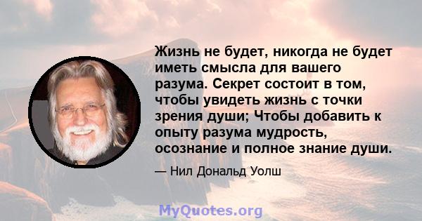 Жизнь не будет, никогда не будет иметь смысла для вашего разума. Секрет состоит в том, чтобы увидеть жизнь с точки зрения души; Чтобы добавить к опыту разума мудрость, осознание и полное знание души.