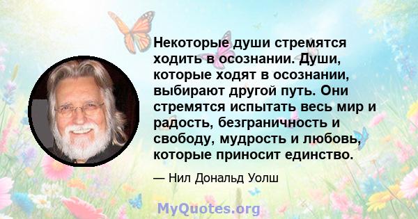 Некоторые души стремятся ходить в осознании. Души, которые ходят в осознании, выбирают другой путь. Они стремятся испытать весь мир и радость, безграничность и свободу, мудрость и любовь, которые приносит единство.