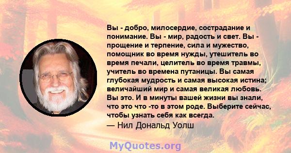 Вы - добро, милосердие, сострадание и понимание. Вы - мир, радость и свет. Вы - прощение и терпение, сила и мужество, помощник во время нужды, утешитель во время печали, целитель во время травмы, учитель во времена