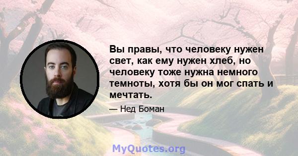 Вы правы, что человеку нужен свет, как ему нужен хлеб, но человеку тоже нужна немного темноты, хотя бы он мог спать и мечтать.