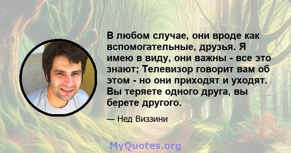 В любом случае, они вроде как вспомогательные, друзья. Я имею в виду, они важны - все это знают; Телевизор говорит вам об этом - но они приходят и уходят. Вы теряете одного друга, вы берете другого.