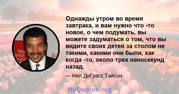 Однажды утром во время завтрака, и вам нужно что -то новое, о чем подумать, вы можете задуматься о том, что вы видите своих детей за столом не такими, какими они были, как когда -то, около трех наносекунд назад.