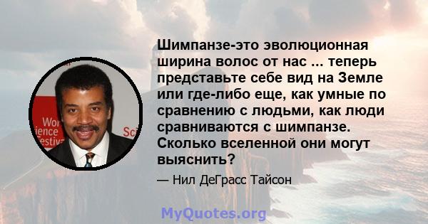 Шимпанзе-это эволюционная ширина волос от нас ... теперь представьте себе вид на Земле или где-либо еще, как умные по сравнению с людьми, как люди сравниваются с шимпанзе. Сколько вселенной они могут выяснить?