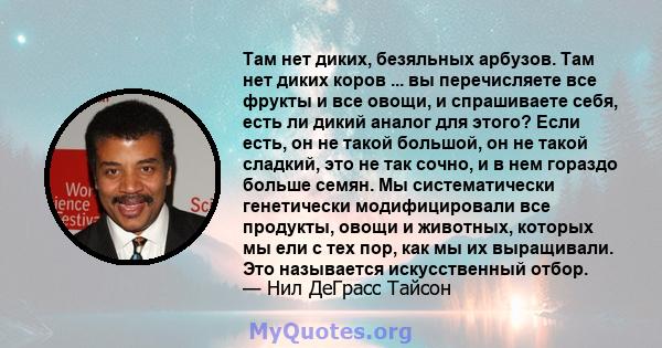 Там нет диких, безяльных арбузов. Там нет диких коров ... вы перечисляете все фрукты и все овощи, и спрашиваете себя, есть ли дикий аналог для этого? Если есть, он не такой большой, он не такой сладкий, это не так