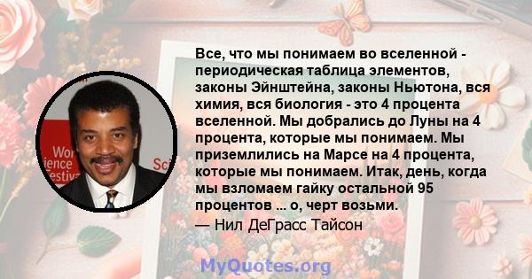 Все, что мы понимаем во вселенной - периодическая таблица элементов, законы Эйнштейна, законы Ньютона, вся химия, вся биология - это 4 процента вселенной. Мы добрались до Луны на 4 процента, которые мы понимаем. Мы