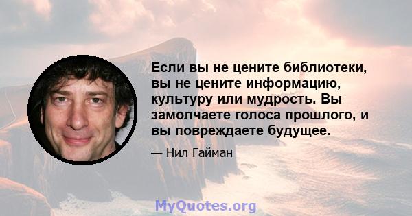 Если вы не цените библиотеки, вы не цените информацию, культуру или мудрость. Вы замолчаете голоса прошлого, и вы повреждаете будущее.