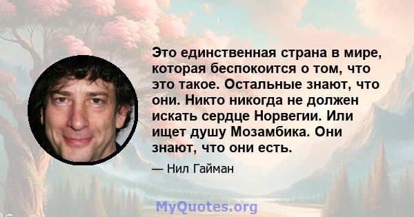 Это единственная страна в мире, которая беспокоится о том, что это такое. Остальные знают, что они. Никто никогда не должен искать сердце Норвегии. Или ищет душу Мозамбика. Они знают, что они есть.