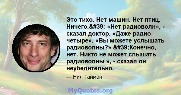 Это тихо. Нет машин. Нет птиц. Ничего.' «Нет радиоволн», - сказал доктор. «Даже радио четыре». «Вы можете услышать радиоволны?» 'Конечно, нет. Никто не может слышать радиоволны », - сказал он неубедительно.