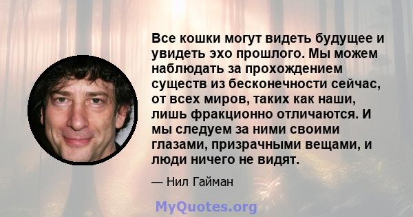 Все кошки могут видеть будущее и увидеть эхо прошлого. Мы можем наблюдать за прохождением существ из бесконечности сейчас, от всех миров, таких как наши, лишь фракционно отличаются. И мы следуем за ними своими глазами,