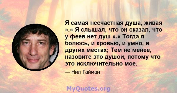 Я самая несчастная душа, живая ».« Я слышал, что он сказал, что у феев нет душ ».« Тогда я болюсь, и кровью, и умно, в других местах; Тем не менее, назовите это душой, потому что это исключительно мое.