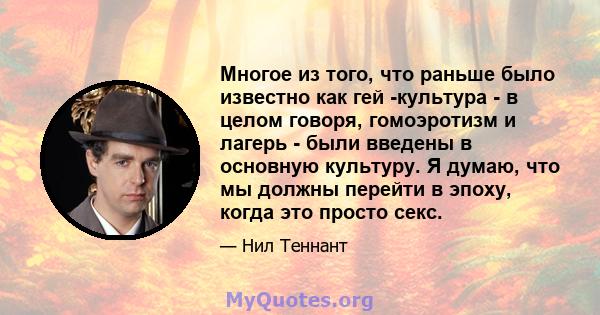 Многое из того, что раньше было известно как гей -культура - в целом говоря, гомоэротизм и лагерь - были введены в основную культуру. Я думаю, что мы должны перейти в эпоху, когда это просто секс.