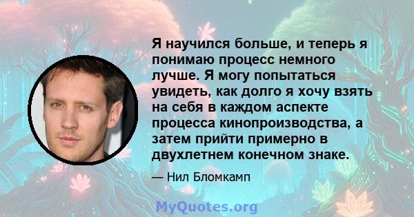 Я научился больше, и теперь я понимаю процесс немного лучше. Я могу попытаться увидеть, как долго я хочу взять на себя в каждом аспекте процесса кинопроизводства, а затем прийти примерно в двухлетнем конечном знаке.