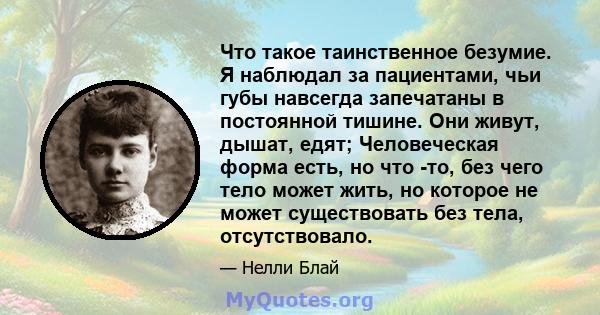 Что такое таинственное безумие. Я наблюдал за пациентами, чьи губы навсегда запечатаны в постоянной тишине. Они живут, дышат, едят; Человеческая форма есть, но что -то, без чего тело может жить, но которое не может