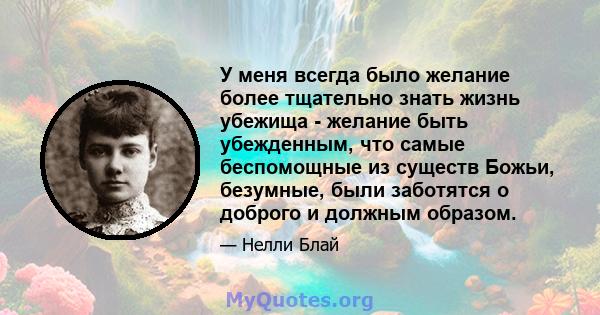 У меня всегда было желание более тщательно знать жизнь убежища - желание быть убежденным, что самые беспомощные из существ Божьи, безумные, были заботятся о доброго и должным образом.