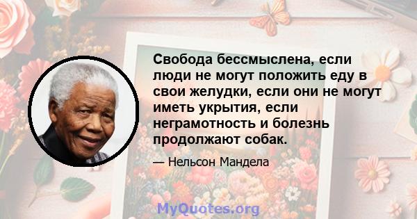 Свобода бессмыслена, если люди не могут положить еду в свои желудки, если они не могут иметь укрытия, если неграмотность и болезнь продолжают собак.