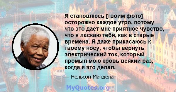 Я становлюсь [твоим фото] осторожно каждое утро, потому что это дает мне приятное чувство, что я ласкаю тебя, как в старые времена. Я даже прикасаюсь к твоему носу, чтобы вернуть электрический ток, который промыл мою