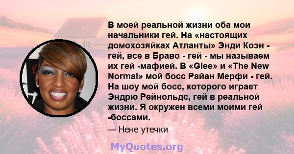 В моей реальной жизни оба мои начальники гей. На «настоящих домохозяйках Атланты» Энди Коэн - гей, все в Браво - гей - мы называем их гей -мафией. В «Glee» и «The New Normal» мой босс Райан Мерфи - гей. На шоу мой босс, 