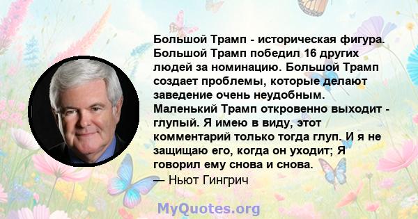 Большой Трамп - историческая фигура. Большой Трамп победил 16 других людей за номинацию. Большой Трамп создает проблемы, которые делают заведение очень неудобным. Маленький Трамп откровенно выходит - глупый. Я имею в