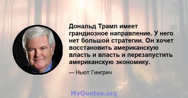 Дональд Трамп имеет грандиозное направление. У него нет большой стратегии. Он хочет восстановить американскую власть и власть и перезапустить американскую экономику.