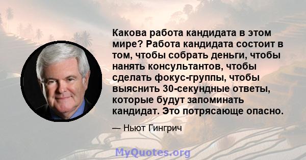 Какова работа кандидата в этом мире? Работа кандидата состоит в том, чтобы собрать деньги, чтобы нанять консультантов, чтобы сделать фокус-группы, чтобы выяснить 30-секундные ответы, которые будут запоминать кандидат.