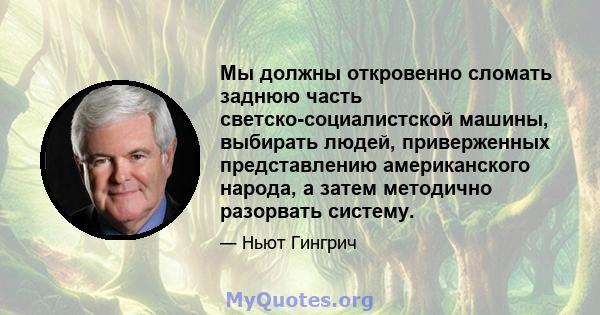 Мы должны откровенно сломать заднюю часть светско-социалистской машины, выбирать людей, приверженных представлению американского народа, а затем методично разорвать систему.