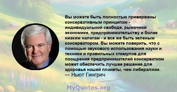 Вы можете быть полностью привержены консервативным принципам - индивидуальной свободе, рыночной экономике, предпринимательству и более низким налогам - и все же быть зеленым консерватором. Вы можете поверить, что с