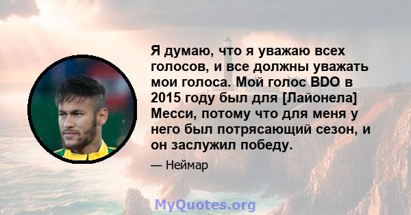 Я думаю, что я уважаю всех голосов, и все должны уважать мои голоса. Мой голос BDO в 2015 году был для [Лайонела] Месси, потому что для меня у него был потрясающий сезон, и он заслужил победу.