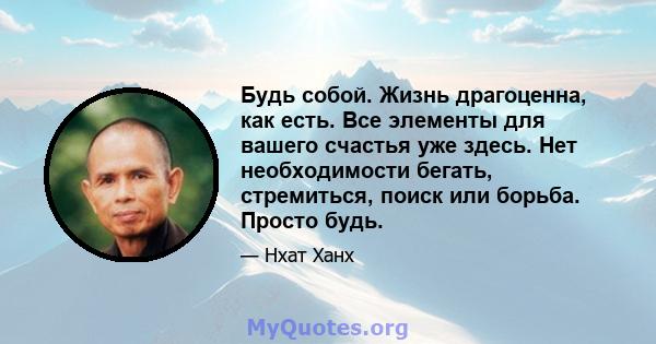 Будь собой. Жизнь драгоценна, как есть. Все элементы для вашего счастья уже здесь. Нет необходимости бегать, стремиться, поиск или борьба. Просто будь.