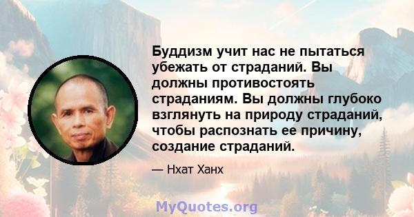 Буддизм учит нас не пытаться убежать от страданий. Вы должны противостоять страданиям. Вы должны глубоко взглянуть на природу страданий, чтобы распознать ее причину, создание страданий.