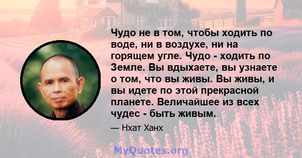 Чудо не в том, чтобы ходить по воде, ни в воздухе, ни на горящем угле. Чудо - ходить по Земле. Вы вдыхаете, вы узнаете о том, что вы живы. Вы живы, и вы идете по этой прекрасной планете. Величайшее из всех чудес - быть