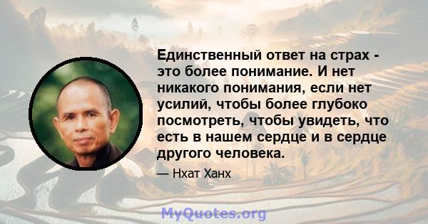 Единственный ответ на страх - это более понимание. И нет никакого понимания, если нет усилий, чтобы более глубоко посмотреть, чтобы увидеть, что есть в нашем сердце и в сердце другого человека.