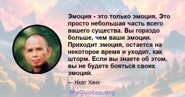 Эмоция - это только эмоция. Это просто небольшая часть всего вашего существа. Вы гораздо больше, чем ваши эмоции. Приходит эмоция, остается на некоторое время и уходит, как шторм. Если вы знаете об этом, вы не будете