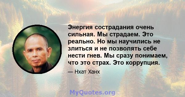 Энергия сострадания очень сильная. Мы страдаем. Это реально. Но мы научились не злиться и не позволять себе нести гнев. Мы сразу понимаем, что это страх. Это коррупция.