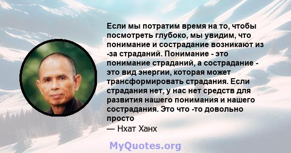 Если мы потратим время на то, чтобы посмотреть глубоко, мы увидим, что понимание и сострадание возникают из -за страданий. Понимание - это понимание страданий, а сострадание - это вид энергии, которая может