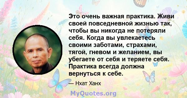 Это очень важная практика. Живи своей повседневной жизнью так, чтобы вы никогда не потеряли себя. Когда вы увлекаетесь своими заботами, страхами, тягой, гневом и желанием, вы убегаете от себя и теряете себя. Практика