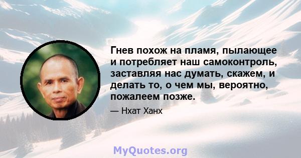 Гнев похож на пламя, пылающее и потребляет наш самоконтроль, заставляя нас думать, скажем, и делать то, о чем мы, вероятно, пожалеем позже.