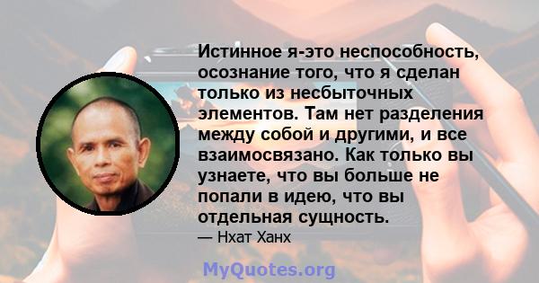 Истинное я-это неспособность, осознание того, что я сделан только из несбыточных элементов. Там нет разделения между собой и другими, и все взаимосвязано. Как только вы узнаете, что вы больше не попали в идею, что вы