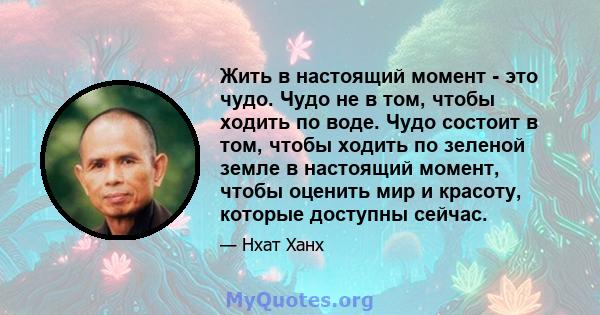 Жить в настоящий момент - это чудо. Чудо не в том, чтобы ходить по воде. Чудо состоит в том, чтобы ходить по зеленой земле в настоящий момент, чтобы оценить мир и красоту, которые доступны сейчас.