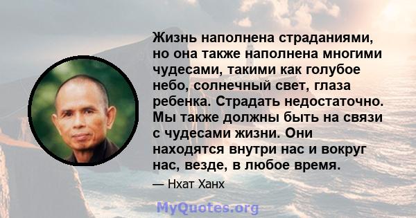 Жизнь наполнена страданиями, но она также наполнена многими чудесами, такими как голубое небо, солнечный свет, глаза ребенка. Страдать недостаточно. Мы также должны быть на связи с чудесами жизни. Они находятся внутри