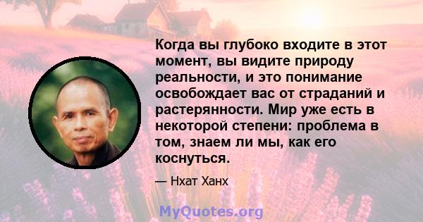 Когда вы глубоко входите в этот момент, вы видите природу реальности, и это понимание освобождает вас от страданий и растерянности. Мир уже есть в некоторой степени: проблема в том, знаем ли мы, как его коснуться.