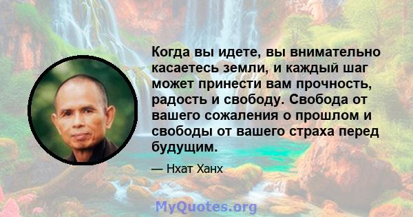 Когда вы идете, вы внимательно касаетесь земли, и каждый шаг может принести вам прочность, радость и свободу. Свобода от вашего сожаления о прошлом и свободы от вашего страха перед будущим.