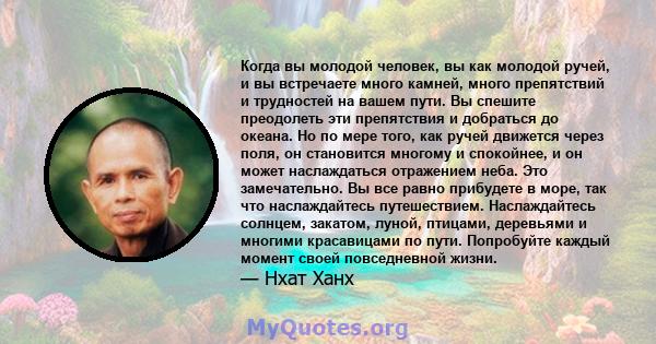 Когда вы молодой человек, вы как молодой ручей, и вы встречаете много камней, много препятствий и трудностей на вашем пути. Вы спешите преодолеть эти препятствия и добраться до океана. Но по мере того, как ручей