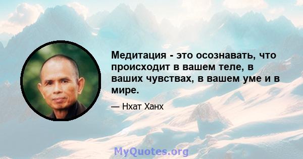 Медитация - это осознавать, что происходит в вашем теле, в ваших чувствах, в вашем уме и в мире.