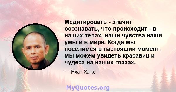 Медитировать - значит осознавать, что происходит - в наших телах, наши чувства наши умы и в мире. Когда мы поселимся в настоящий момент, мы можем увидеть красавиц и чудеса на наших глазах.