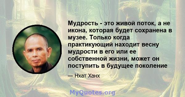 Мудрость - это живой поток, а не икона, которая будет сохранена в музее. Только когда практикующий находит весну мудрости в его или ее собственной жизни, может он поступить в будущее поколение