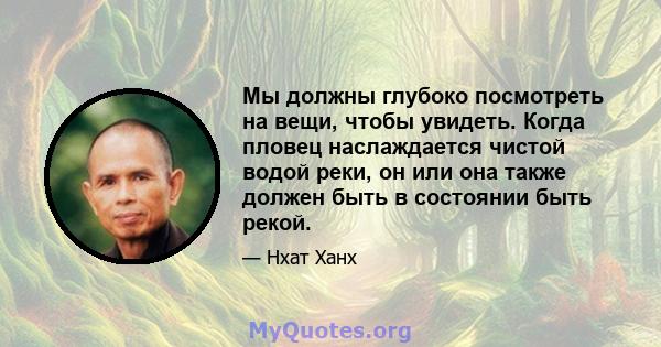 Мы должны глубоко посмотреть на вещи, чтобы увидеть. Когда пловец наслаждается чистой водой реки, он или она также должен быть в состоянии быть рекой.