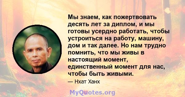 Мы знаем, как пожертвовать десять лет за диплом, и мы готовы усердно работать, чтобы устроиться на работу, машину, дом и так далее. Но нам трудно помнить, что мы живы в настоящий момент, единственный момент для нас,