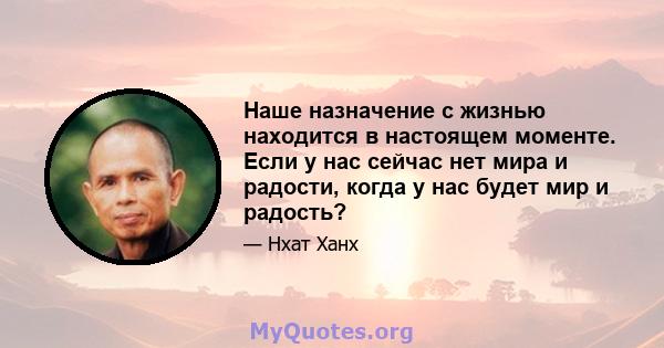 Наше назначение с жизнью находится в настоящем моменте. Если у нас сейчас нет мира и радости, когда у нас будет мир и радость?